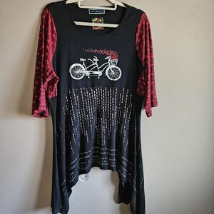 Upcycle Black Tunic Dress with Red Heart Sleeves and Bicycle Graphic